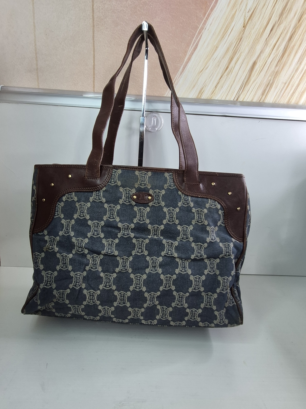Celine Monogram Jacquard Canvas Tote with Brown Leather Trim